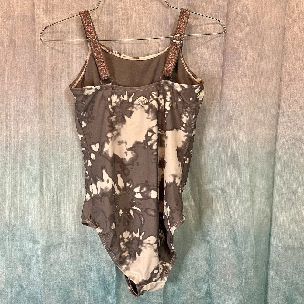 Justice Gray/White/Pink Glittery Sun•Sea•Sand One Piece Body/Bathing Suit Sz 14